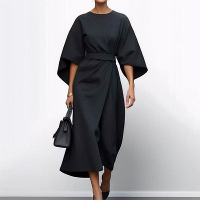 Maxikleid | Weite Ärmel | Bootsausschnitt | Langärmeliges Kleid | Wickelkleid