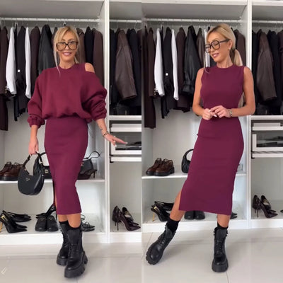 Co-Ord Set - Damen Bodycon Midi Kleid und Sweatshirt Set