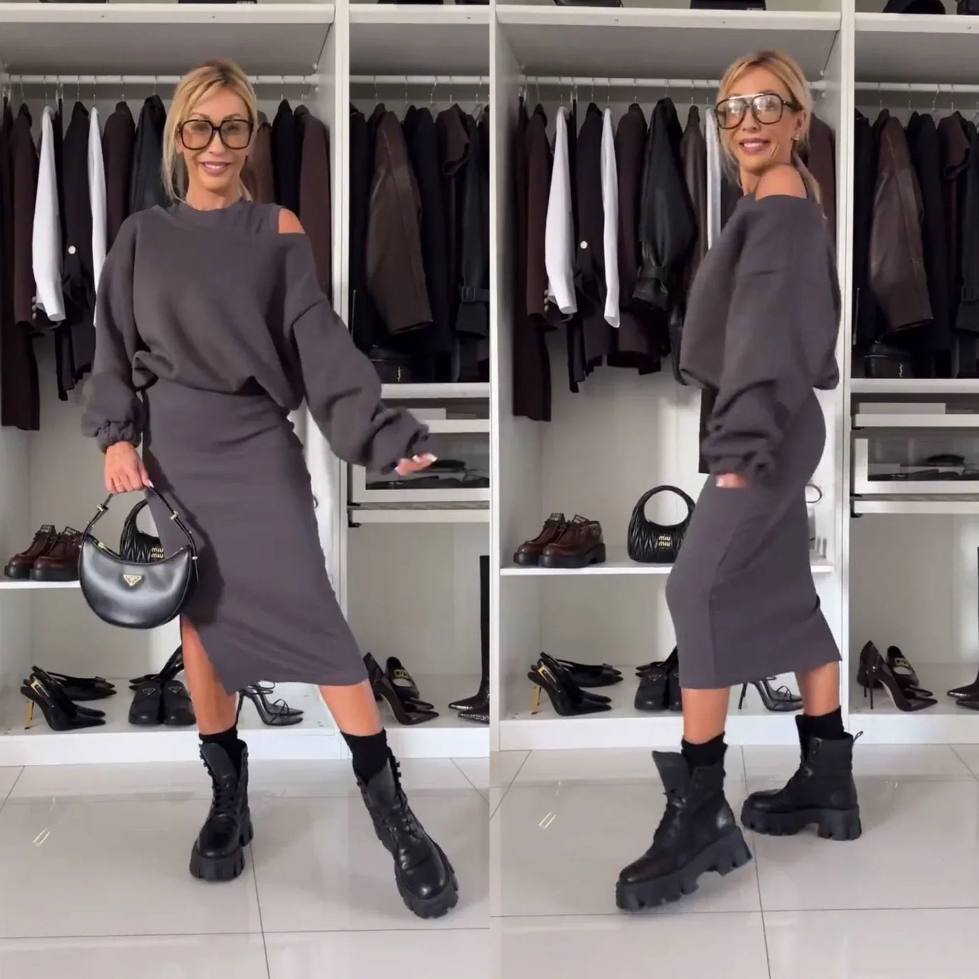 Co-Ord Set - Damen Bodycon Midi Kleid und Sweatshirt Set