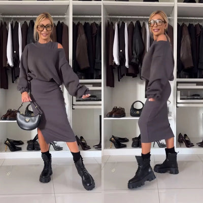 Co-Ord Set - Damen Bodycon Midi Kleid und Sweatshirt Set