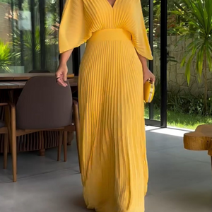 Plisseekleid | V-Ausschnitt | Fledermausärmel | Elegantes Kleid | Maxikleid-Fashion Peak