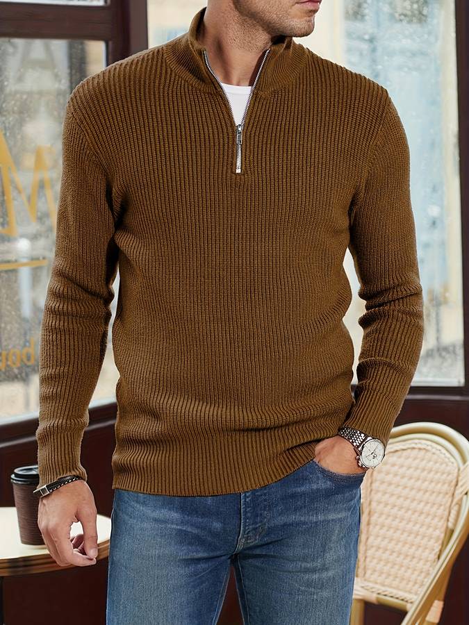 Quarter-Zip Jumper – Gestrickter Herrenpullover mit halbem Reißverschluss für den Winter-Braun-M-Chaps Herrenmode