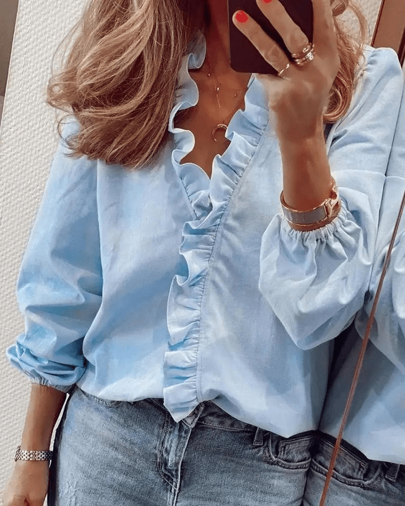 Rüschenbluse | Elegant | Langarm | V-Ausschnitt Bluse | Damenshirt-Fashion Peak-Hellblau-S-Fashion Peak