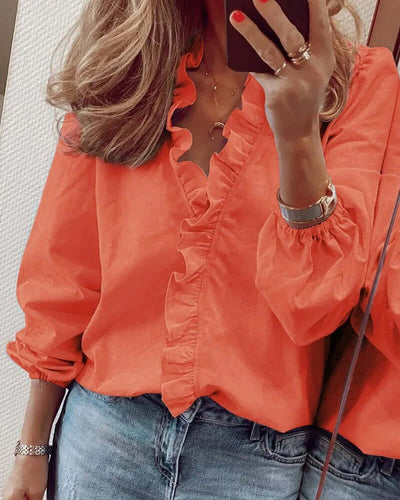 Rüschenbluse | Elegant | Langarm | V-Ausschnitt Bluse | Damenshirt-Fashion Peak-Orange-S-Fashion Peak