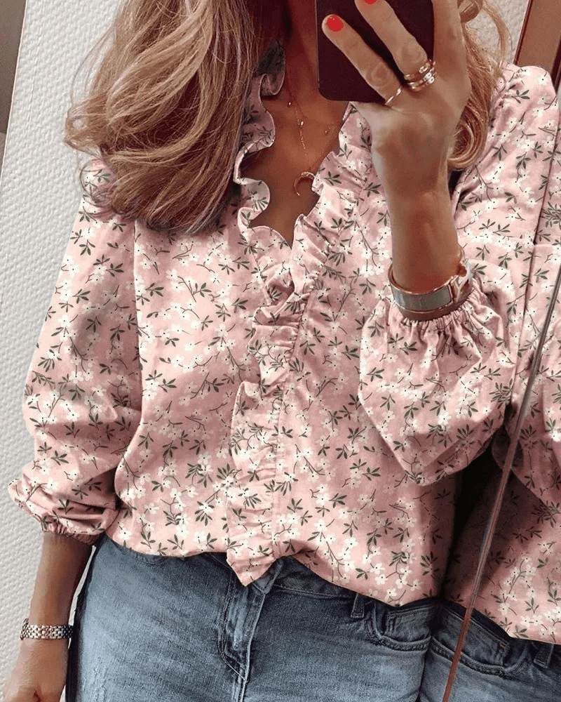 Rüschenbluse | Elegant | Langarm | V-Ausschnitt Bluse | Damenshirt-Fashion Peak-Rosa-S-Fashion Peak