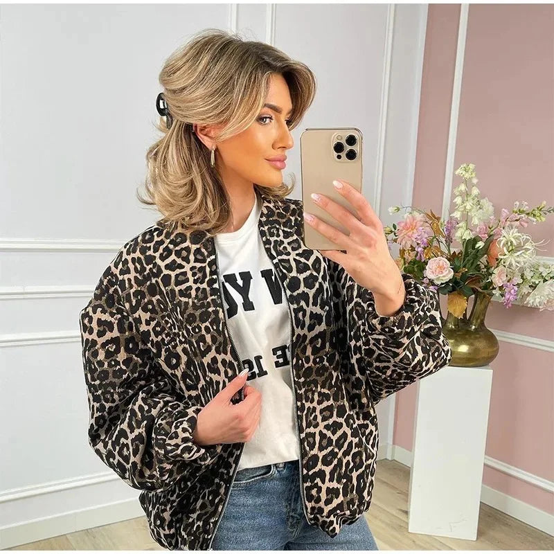 Leopardenmuster Bomberjacke | Übergröße | Zip-Up | Leopardenjacke | Damenjacke