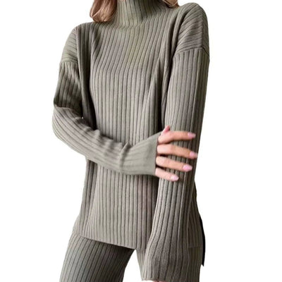 Strick-Set – Damen-Loungewear-Set mit Rollkragenpullover und weitem Bein