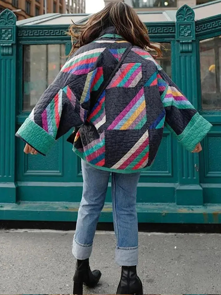 Übergroße Jacke | Offene Vorderseite | Retro | Steppjacke | Damenjacke
