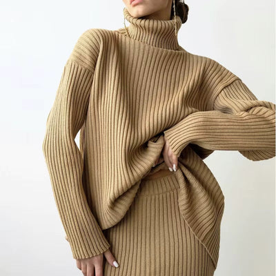 Strick-Set – Rollkragenpullover – Midirock – Zweiteiliges Strick-Set – Pullover-Rock-Set