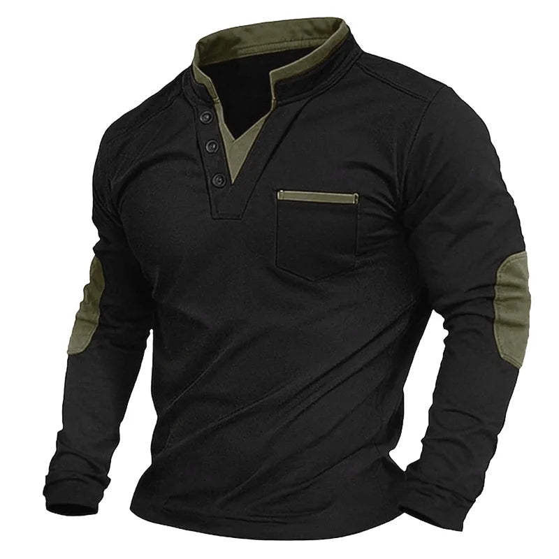 Herren-Pullover mit V-Ausschnitt – Ellbogenpatches – Knopfleiste am Kragen – Sweatshirt – Herrenbekleidung