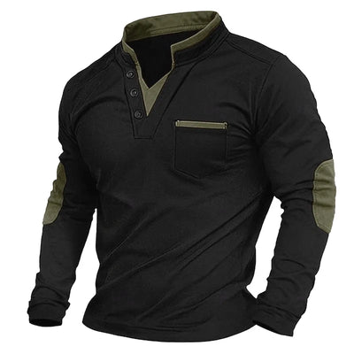 Herren-Pullover mit V-Ausschnitt – Ellbogenpatches – Knopfleiste am Kragen – Sweatshirt – Herrenbekleidung