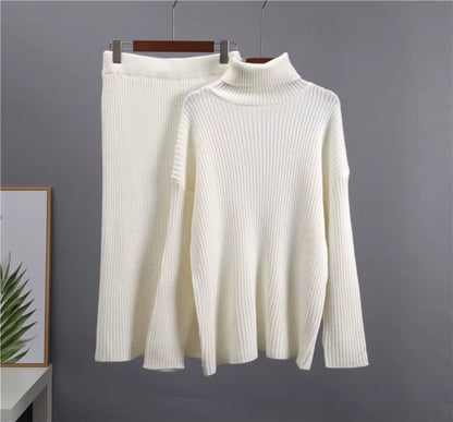 Strick-Set – Rollkragenpullover – Midirock – Zweiteiliges Strick-Set – Pullover-Rock-Set