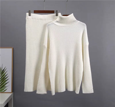 Strick-Set – Rollkragenpullover – Midirock – Zweiteiliges Strick-Set – Pullover-Rock-Set