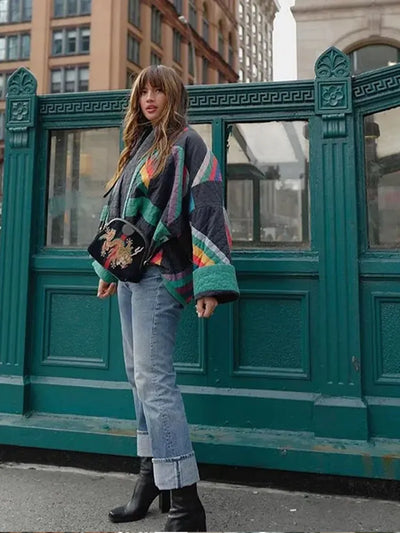 Übergroße Jacke | Offene Vorderseite | Retro | Steppjacke | Damenjacke