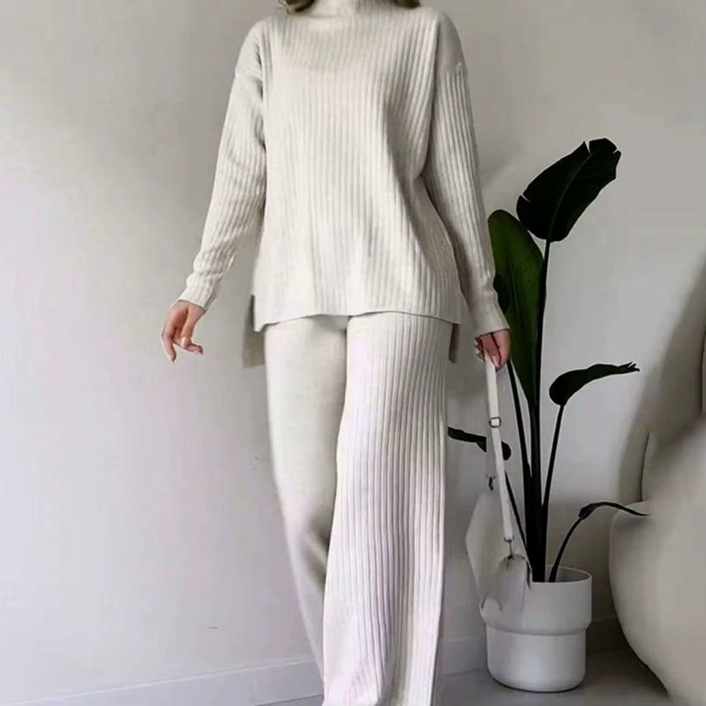 Strick-Set – Damen-Loungewear-Set mit Rollkragenpullover und weitem Bein