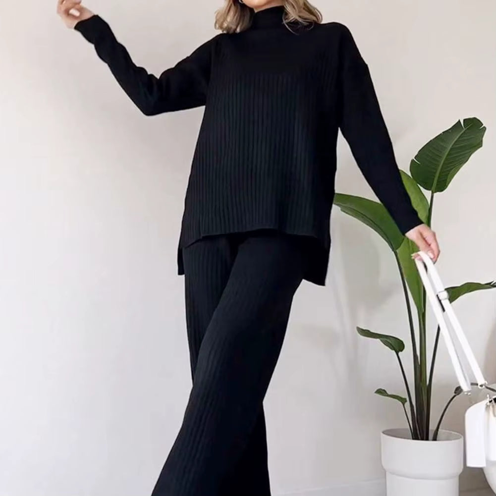 Strick-Set – Damen-Loungewear-Set mit Rollkragenpullover und weitem Bein