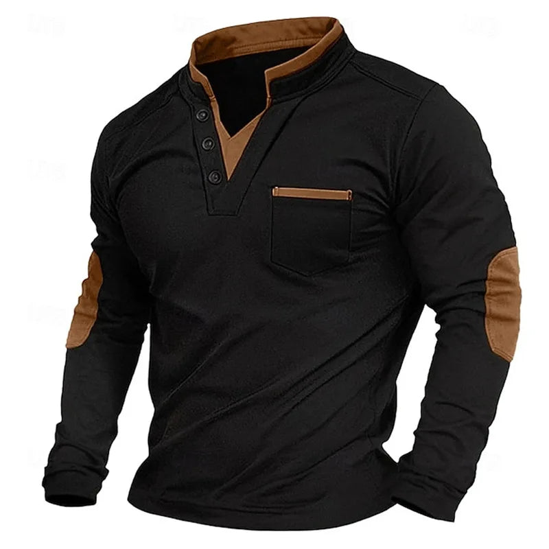Herren-Pullover mit V-Ausschnitt – Ellbogenpatches – Knopfleiste am Kragen – Sweatshirt – Herrenbekleidung