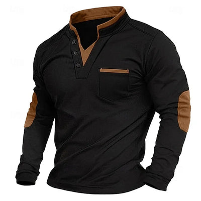 Herren-Pullover mit V-Ausschnitt – Ellbogenpatches – Knopfleiste am Kragen – Sweatshirt – Herrenbekleidung