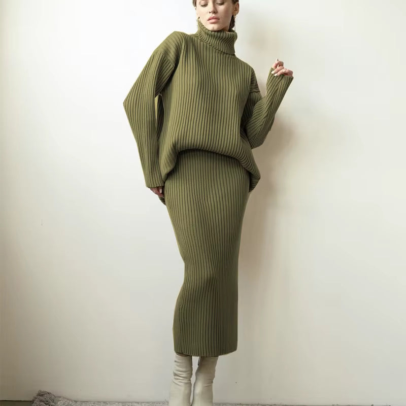 Strick-Set – Rollkragenpullover – Midirock – Zweiteiliges Strick-Set – Pullover-Rock-Set