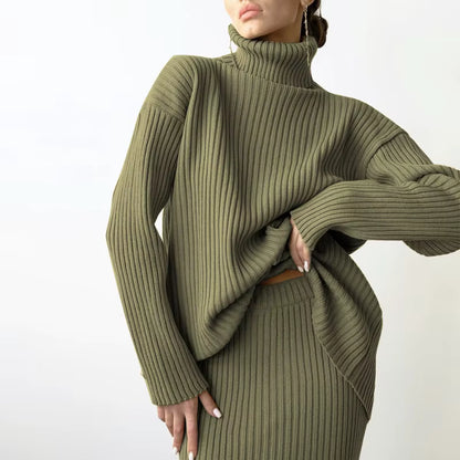 Strick-Set – Rollkragenpullover – Midirock – Zweiteiliges Strick-Set – Pullover-Rock-Set