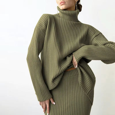 Strick-Set – Rollkragenpullover – Midirock – Zweiteiliges Strick-Set – Pullover-Rock-Set