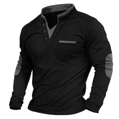 Herren-Pullover mit V-Ausschnitt – Ellbogenpatches – Knopfleiste am Kragen – Sweatshirt – Herrenbekleidung