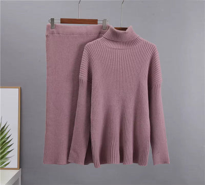 Strick-Set – Rollkragenpullover – Midirock – Zweiteiliges Strick-Set – Pullover-Rock-Set