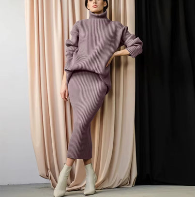 Strick-Set – Rollkragenpullover – Midirock – Zweiteiliges Strick-Set – Pullover-Rock-Set