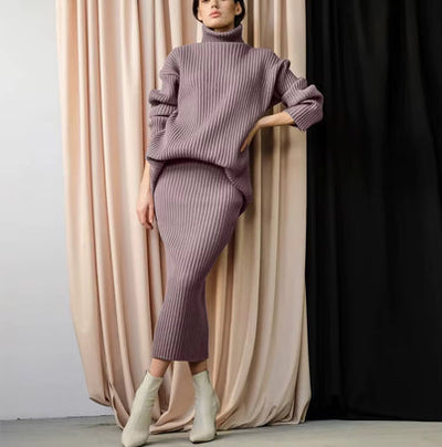 Strick-Set – Rollkragenpullover – Midirock – Zweiteiliges Strick-Set – Pullover-Rock-Set