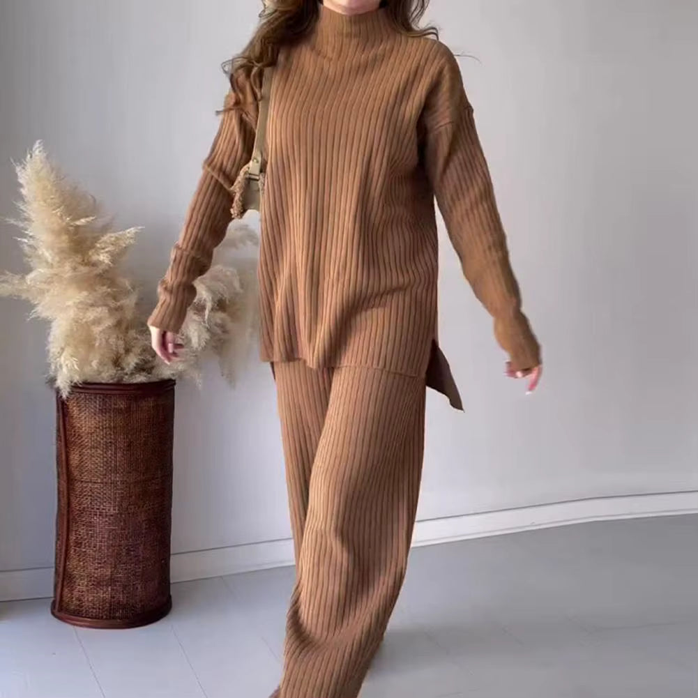 Strick-Set – Damen-Loungewear-Set mit Rollkragenpullover und weitem Bein