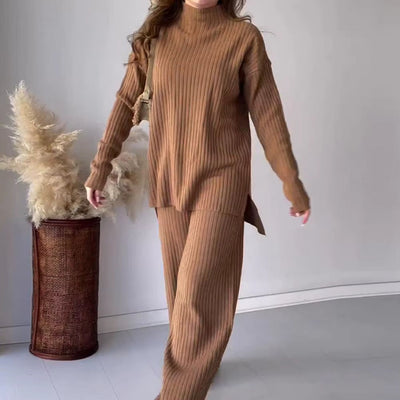 Strick-Set – Damen-Loungewear-Set mit Rollkragenpullover und weitem Bein
