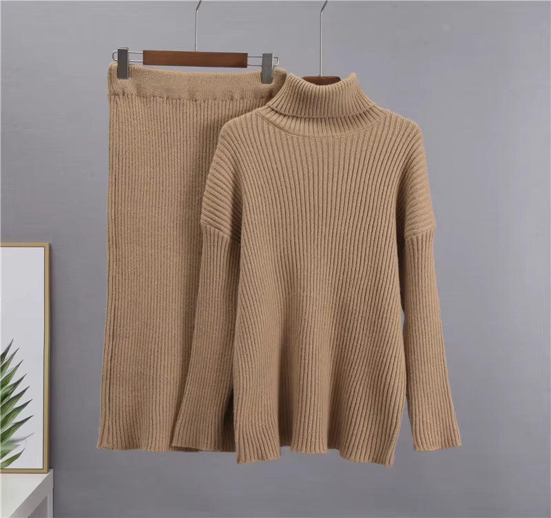 Strick-Set – Rollkragenpullover – Midirock – Zweiteiliges Strick-Set – Pullover-Rock-Set