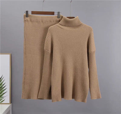 Strick-Set – Rollkragenpullover – Midirock – Zweiteiliges Strick-Set – Pullover-Rock-Set