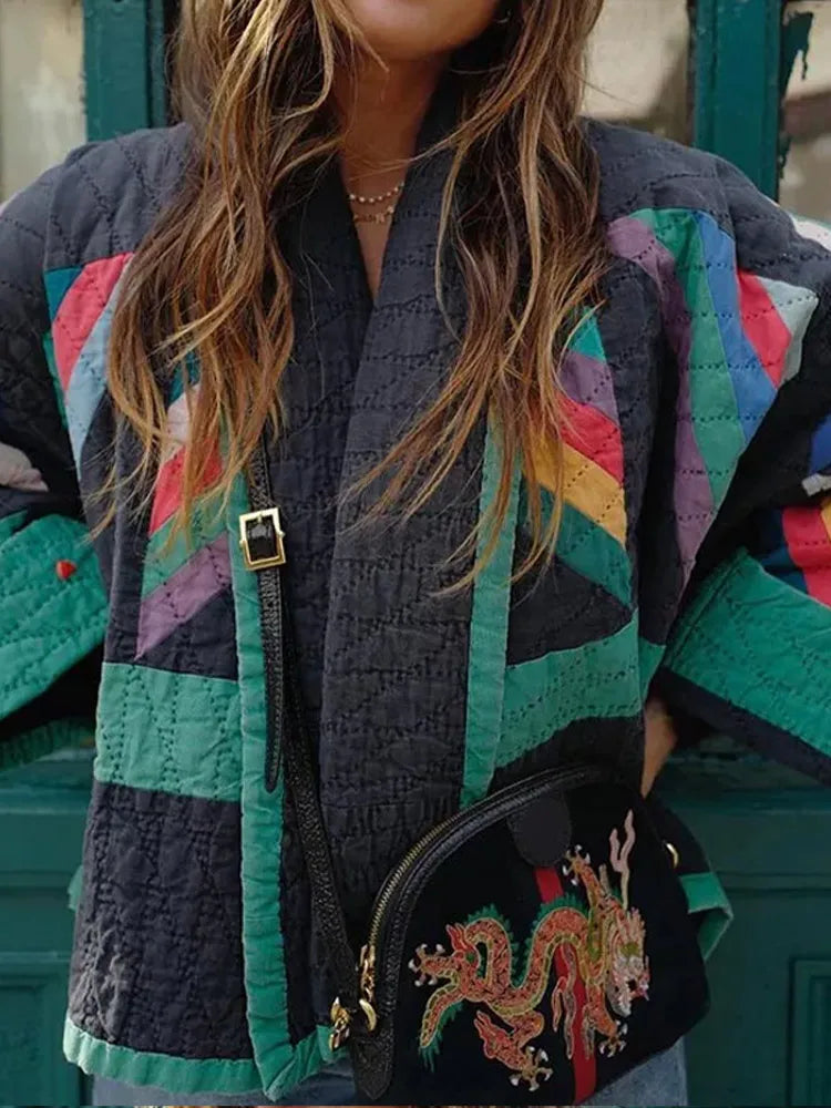 Übergroße Jacke | Offene Vorderseite | Retro | Steppjacke | Damenjacke