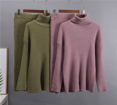 Strick-Set – Rollkragenpullover – Midirock – Zweiteiliges Strick-Set – Pullover-Rock-Set