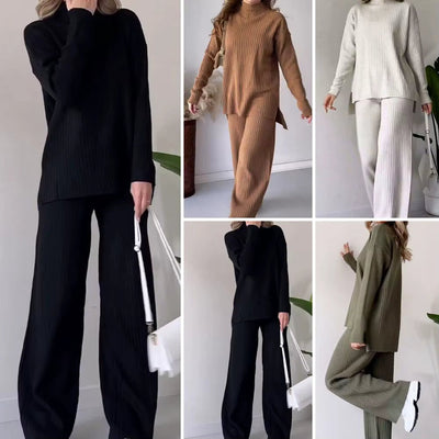 Strick-Set – Damen-Loungewear-Set mit Rollkragenpullover und weitem Bein