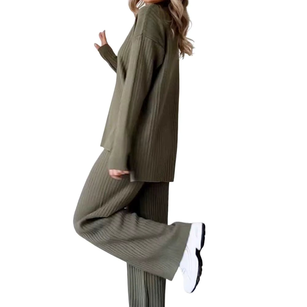 Strick-Set – Damen-Loungewear-Set mit Rollkragenpullover und weitem Bein