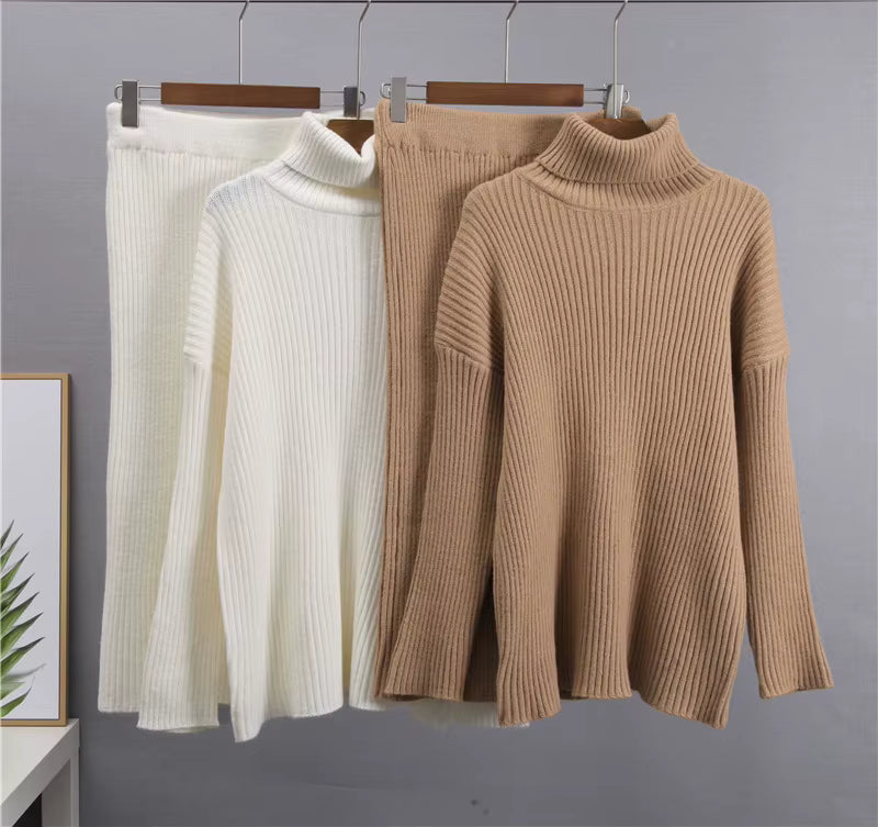 Strick-Set – Rollkragenpullover – Midirock – Zweiteiliges Strick-Set – Pullover-Rock-Set
