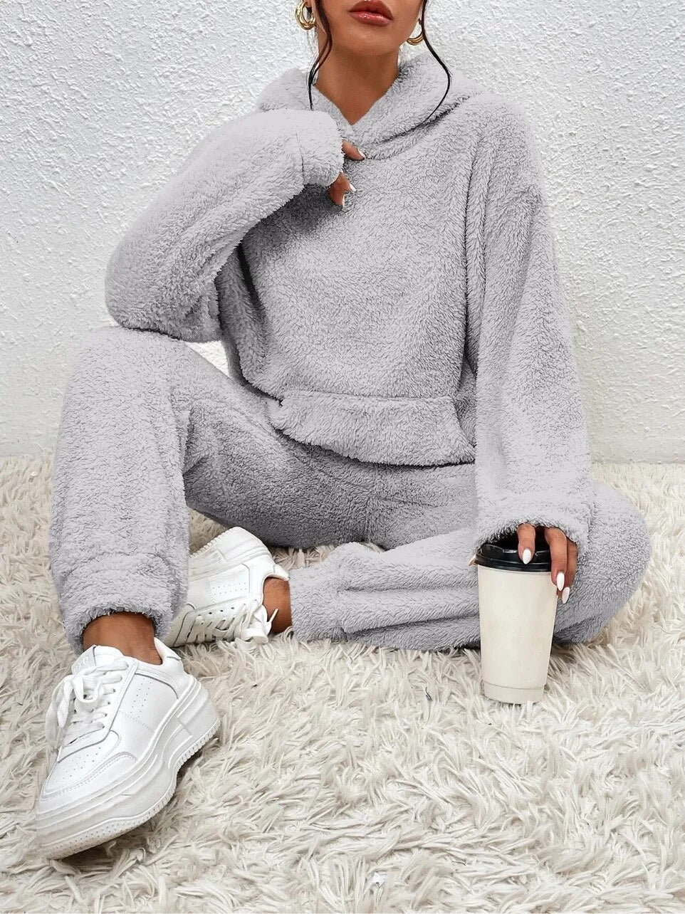 Fleece-Loungewear | Bequem | Teddy-Fleece | Hoodie- und Jogginghosen-Set | Loungewear für Damen