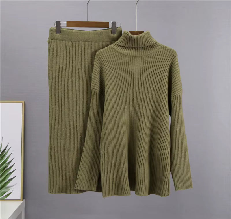 Strick-Set – Rollkragenpullover – Midirock – Zweiteiliges Strick-Set – Pullover-Rock-Set