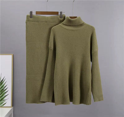 Strick-Set – Rollkragenpullover – Midirock – Zweiteiliges Strick-Set – Pullover-Rock-Set