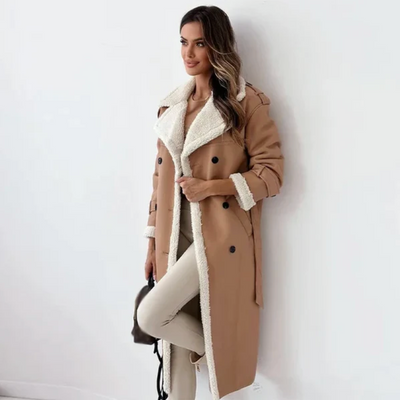 Langer Wintermantel – Damen-Wintertrenchcoat mit doppelter Knopfleiste und Gürtel