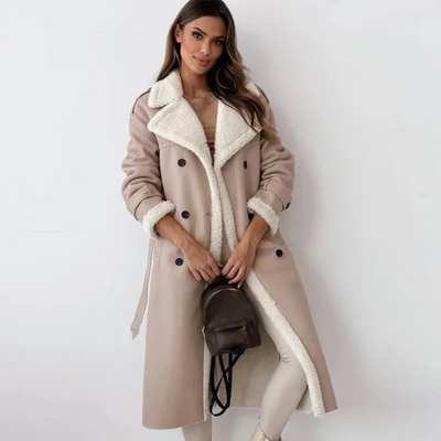 Langer Wintermantel – Damen-Wintertrenchcoat mit doppelter Knopfleiste und Gürtel