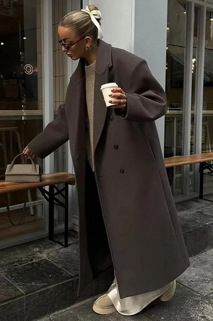 Übergroßer Wollmantel - Zweireiher - Lang - Übergroßer Trenchcoat - Damen Wintermantel