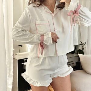 Schlafanzug Damen | Langarm & Shorts | Schleifen Details-Fashion Peak