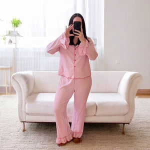 Schlafanzug Damen | Rosa Rüschen | Knopfleiste Langarm-Fashion Peak