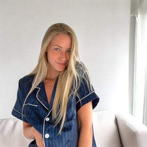 Schlafanzug Damen | Satin Kurzarm | Zweiteilig Gestreift-Fashion Peak