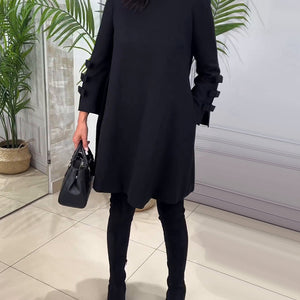 Schwarzes Kleid – knielang – locker sitzend – Freizeitkleid – langärmeliges Kleid-Fashion Peak