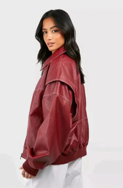 Rote Lederjacke | Kunstleder | Oversized | Kunstlederjacke | Damen-Lederjacke