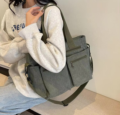 Corduroy Bag - Damen Umhängetasche mit mehreren Taschen und langem Riemen